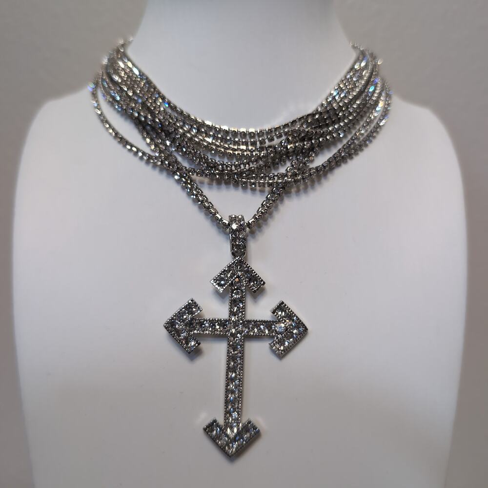 Rhinestone Multi Strand Cross Pendant Goth Necklace